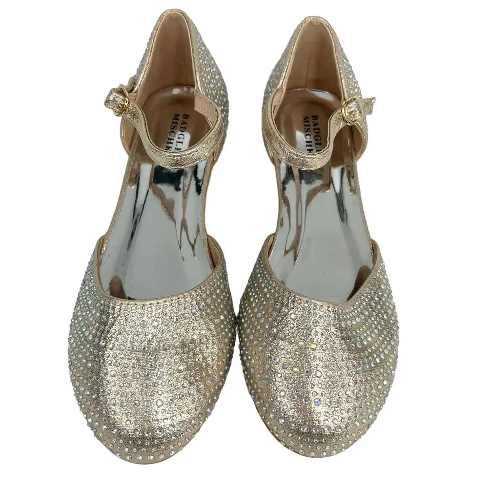 Badgley Mischka Girls Metallic Dress Shoes 3 Rhinestones Light Gold BM84031